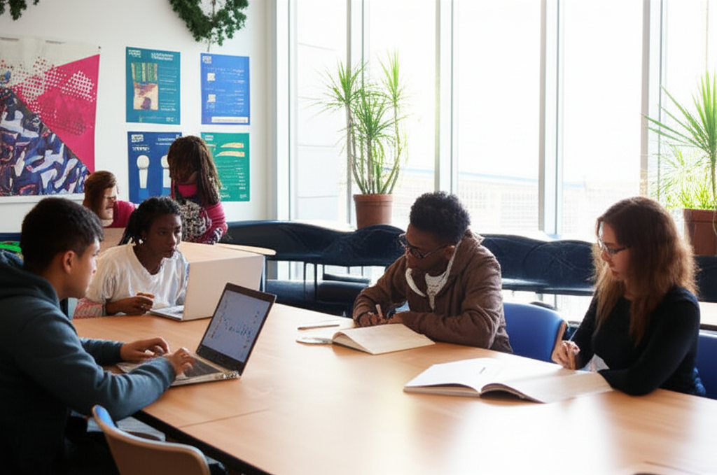 Students collaborating in a modern classroom